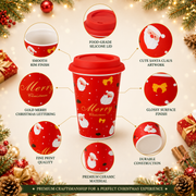 Christmas Ceramic Travel Mug with Silicone Lid | 400 ml Reusable Coffee Cup | Merry Christmas Design