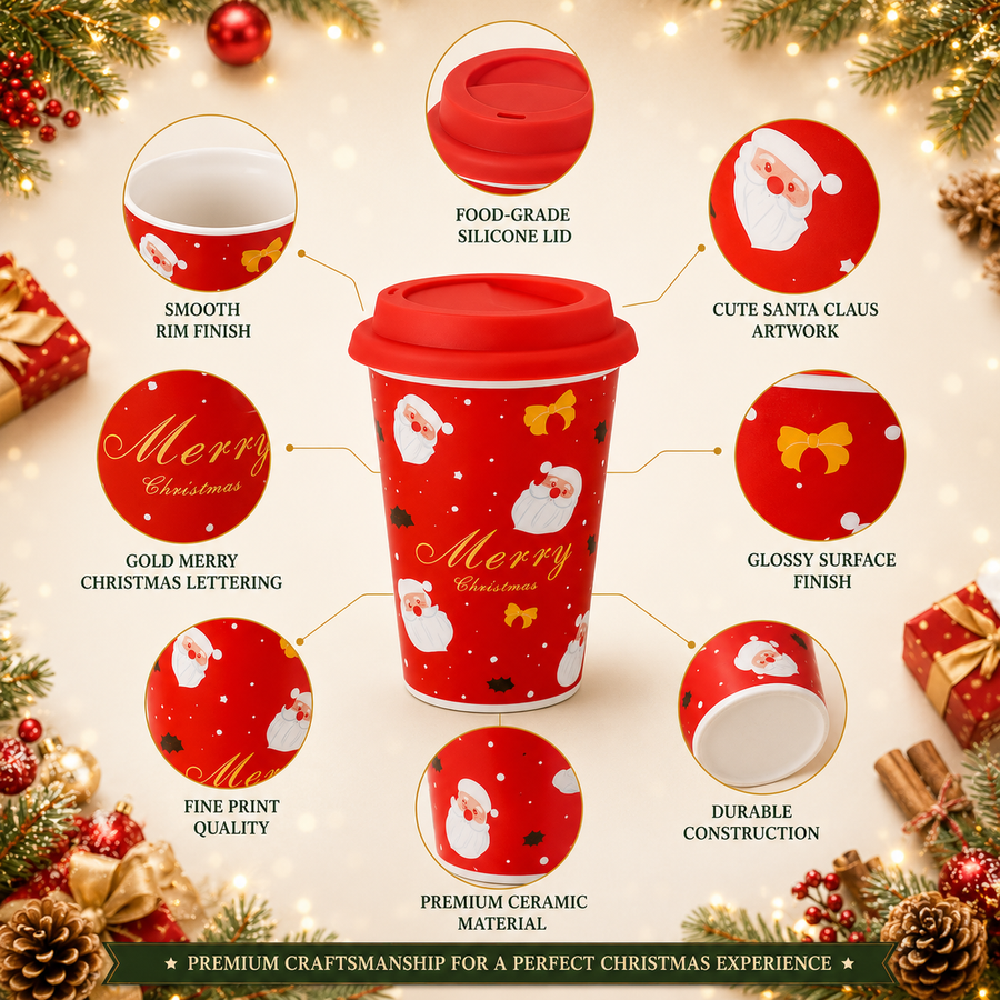 Christmas Ceramic Travel Mug with Silicone Lid | 400 ml Reusable Coffee Cup | Merry Christmas Design