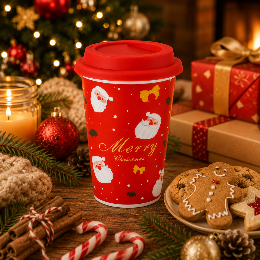 Christmas Ceramic Travel Mug with Silicone Lid | 400 ml Reusable Coffee Cup | Merry Christmas Design