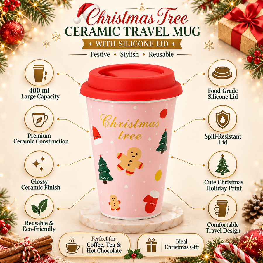 Christmas Tree Ceramic Travel Mug with Silicone Lid | 400 ml Reusable Coffee Cup