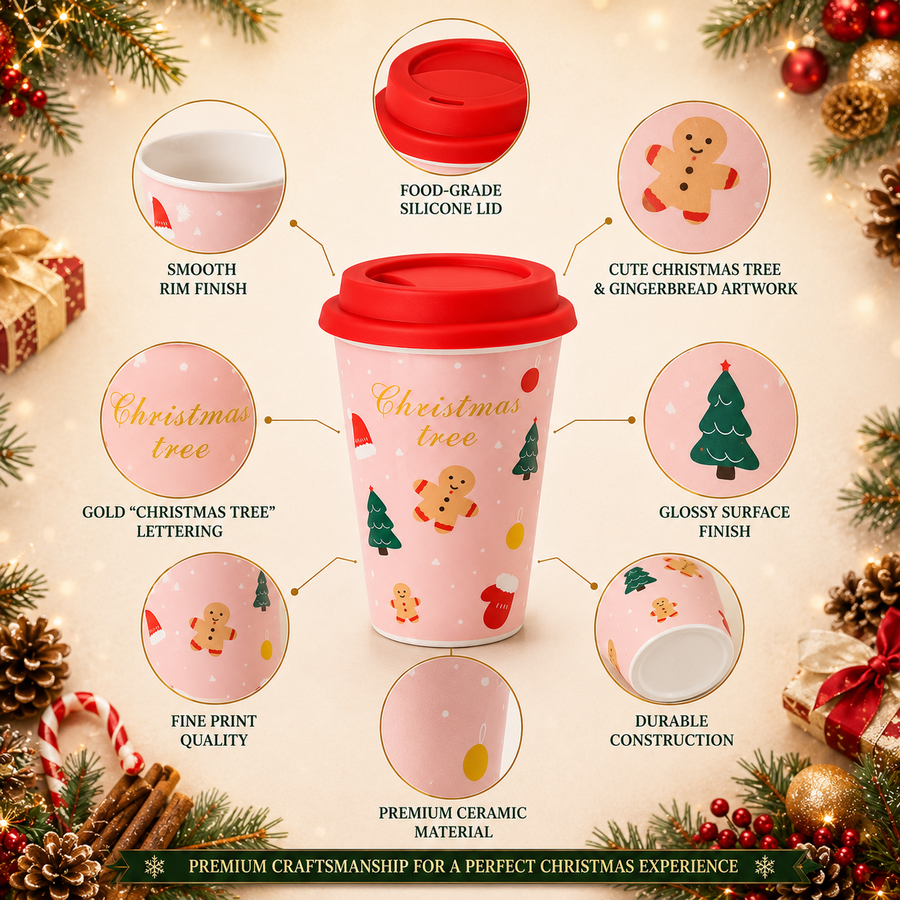 Christmas Tree Ceramic Travel Mug with Silicone Lid | 400 ml Reusable Coffee Cup
