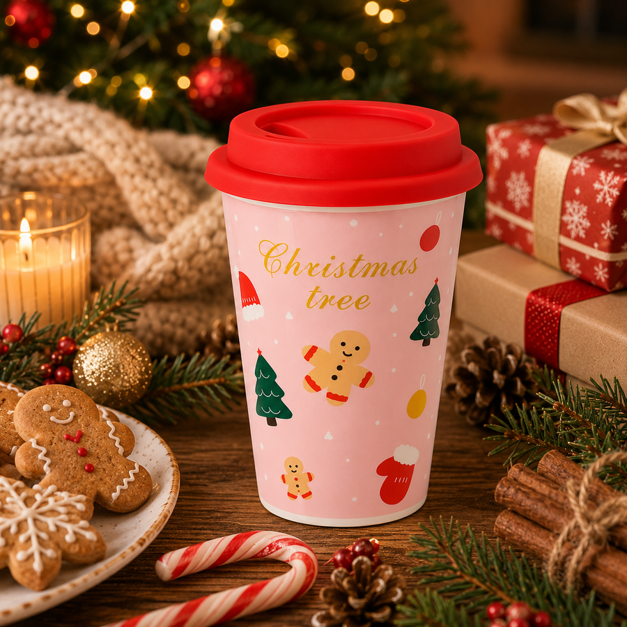 Christmas Tree Ceramic Travel Mug with Silicone Lid | 400 ml Reusable Coffee Cup