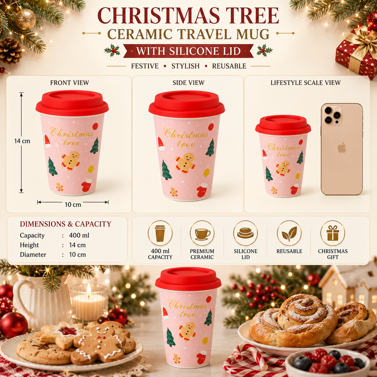 Christmas Tree Ceramic Travel Mug with Silicone Lid | 400 ml Reusable Coffee Cup