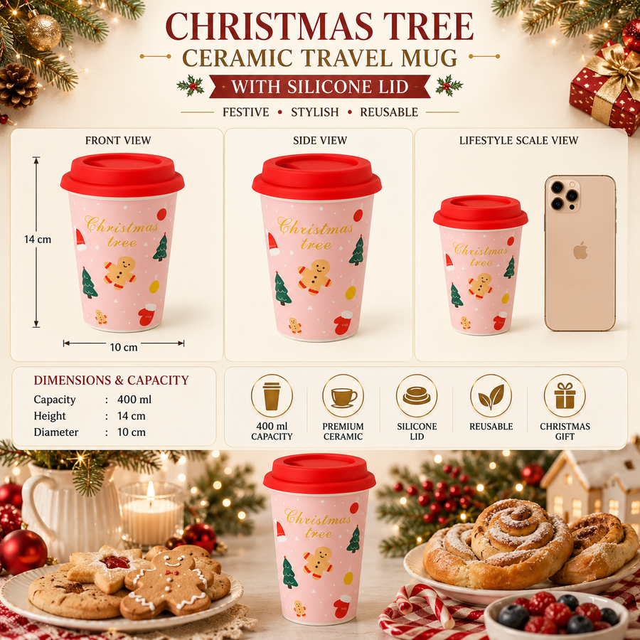 Christmas Tree Ceramic Travel Mug with Silicone Lid | 400 ml Reusable Coffee Cup