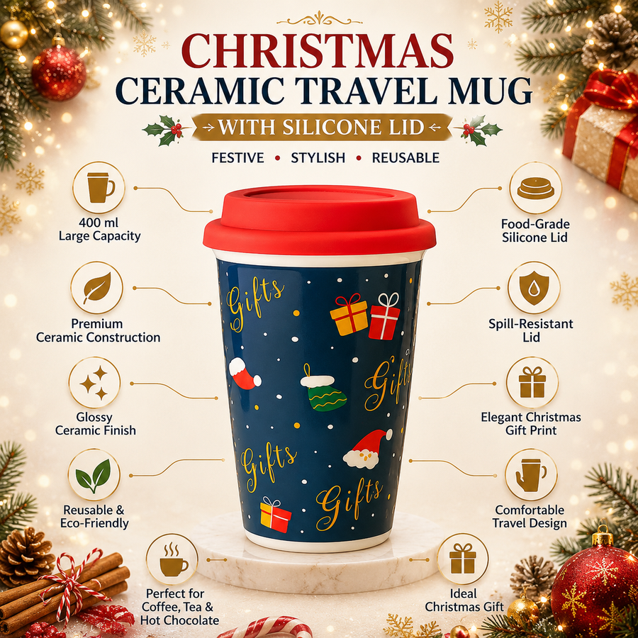 Christmas Ceramic Mug with Red Silicone Lid – 400 ml Coffee & Tea Cup