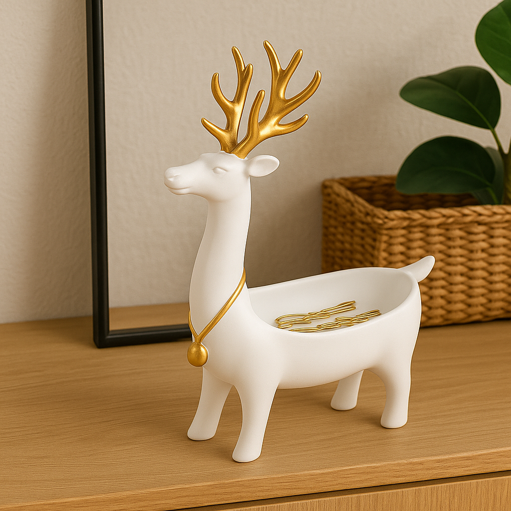 Elegant White Resin Reindeer Jewelry & Accessory Holder – 30x28x12 cm – Gold Antlers – Multi-Purpose Decorative Organizer