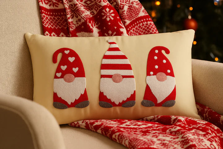 Christmas Gnome Embroidered set of 2 Cushion with Fillers – Cotton, Hand Thread-Work Design –