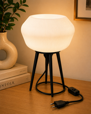Modern Scandinavian Tripod Table Lamp | Ribbed White Shade | E27 Decorative Table Lamp for Bedroom, Living Room & Office