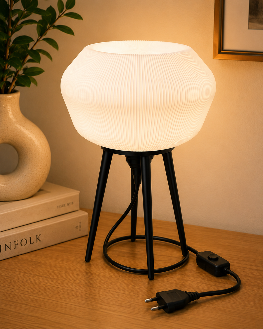 Modern Scandinavian Tripod Table Lamp | Ribbed White Shade | E27 Decorative Table Lamp for Bedroom, Living Room & Office