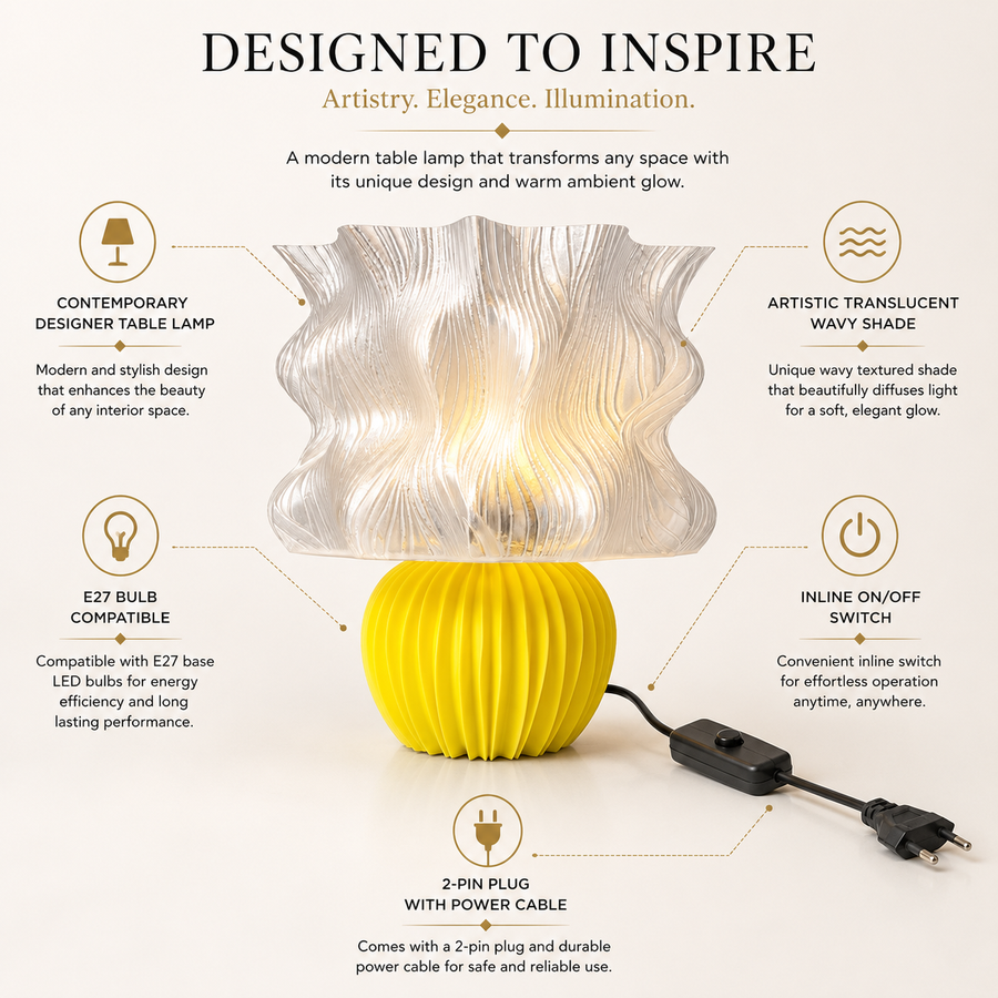 Coral Tree Modern Designer Table Lamp with Artistic Wavy Shade, E27 Bulb Holder, Decorative Yellow Ribbed Base & Inline ON/OFF Switch