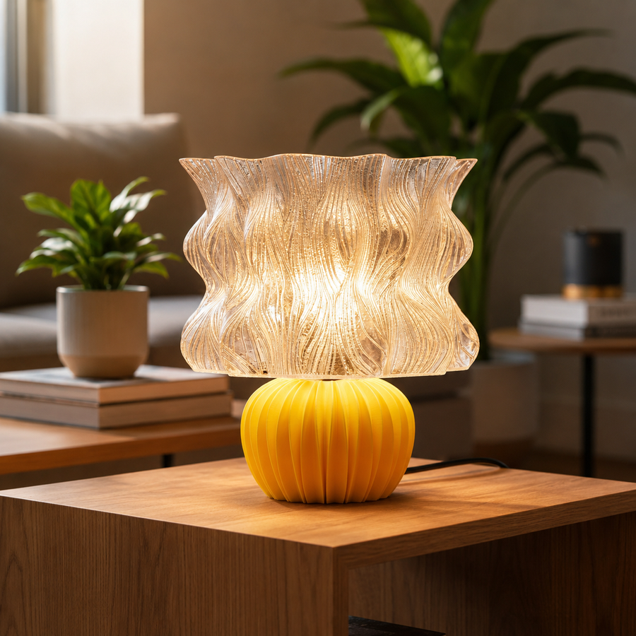 Coral Tree Modern Designer Table Lamp with Artistic Wavy Shade, E27 Bulb Holder, Decorative Yellow Ribbed Base & Inline ON/OFF Switch