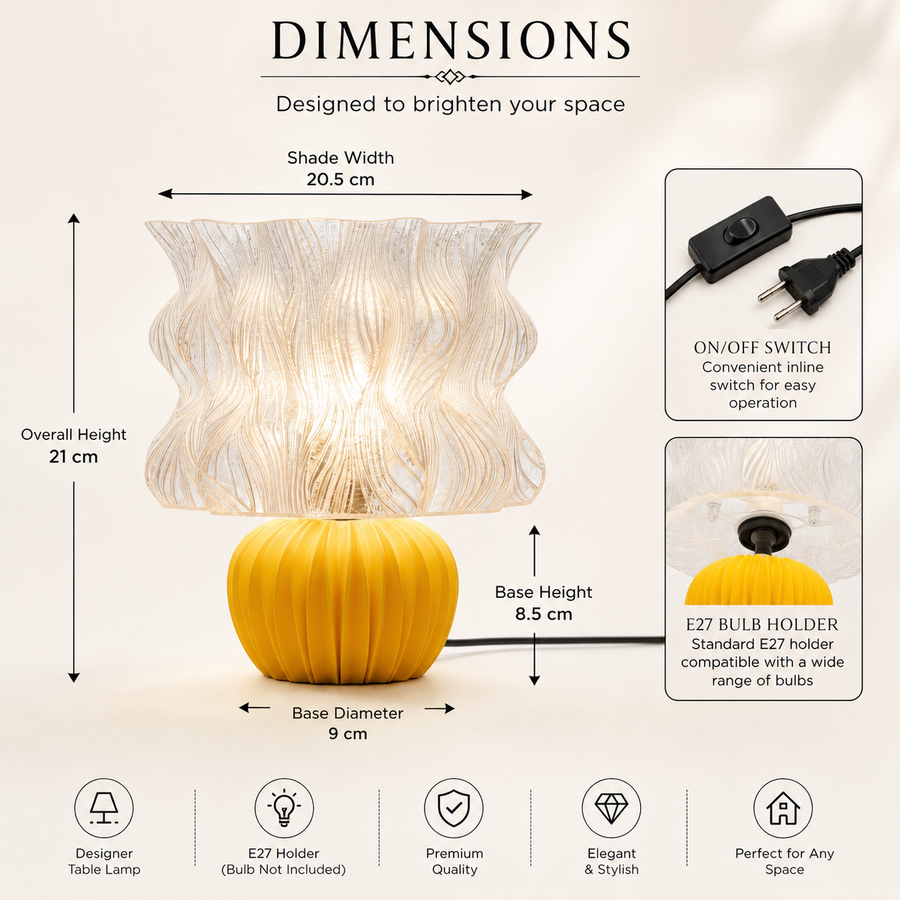 Coral Tree Modern Designer Table Lamp with Artistic Wavy Shade, E27 Bulb Holder, Decorative Yellow Ribbed Base & Inline ON/OFF Switch
