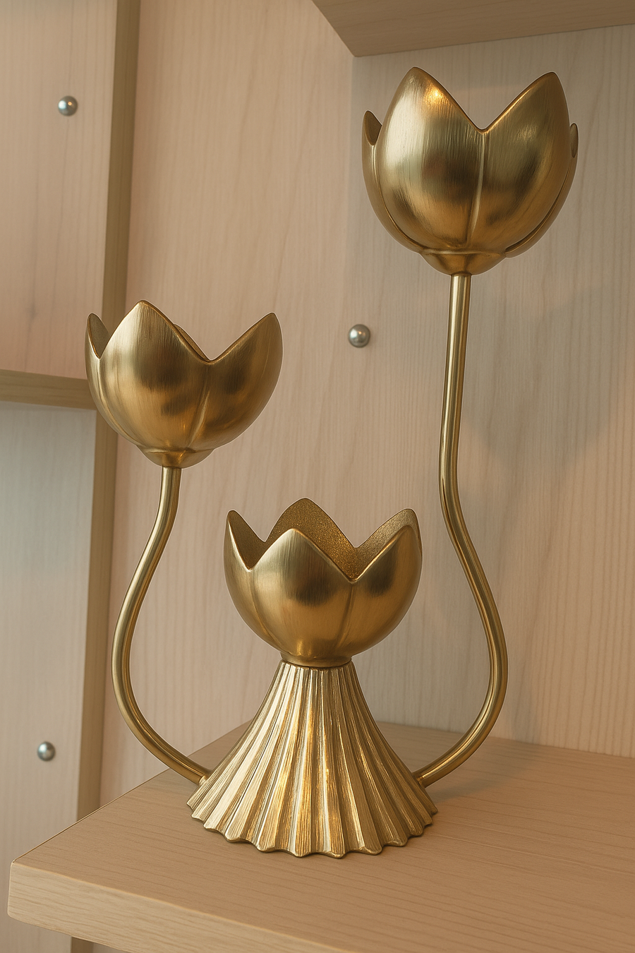 Elegant Brass Lotus Flower Candle Stand – 3-Arm Decorative Candelabra for Home Décor