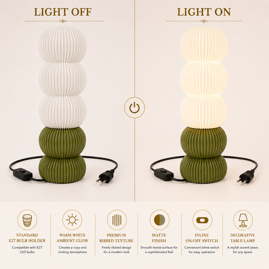 Modern Ribbed Table Lamp with Olive Green Base | E27 Decorative Bedside Lamp