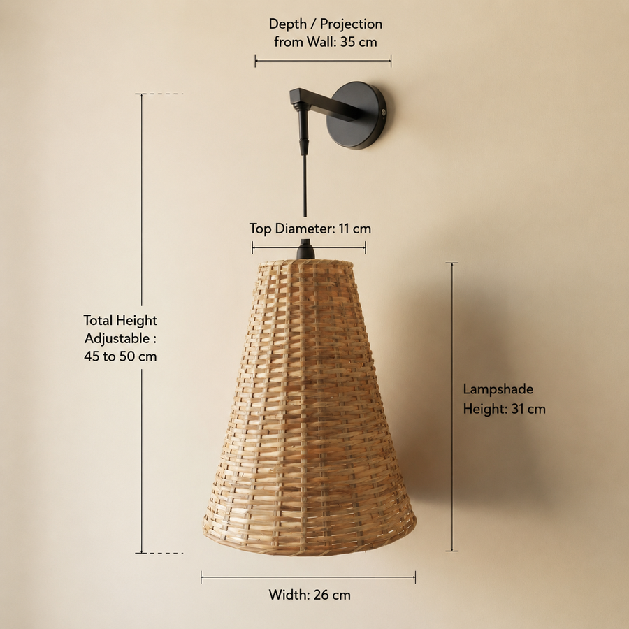 Handwoven Conical Rattan Wall Light – Adjustable Hanging Wall Lamp | Natural Beige Shade