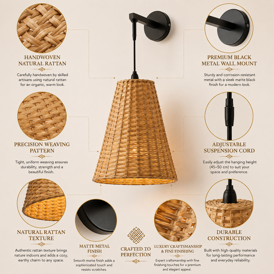 Handwoven Conical Rattan Wall Light – Adjustable Hanging Wall Lamp | Natural Beige Shade
