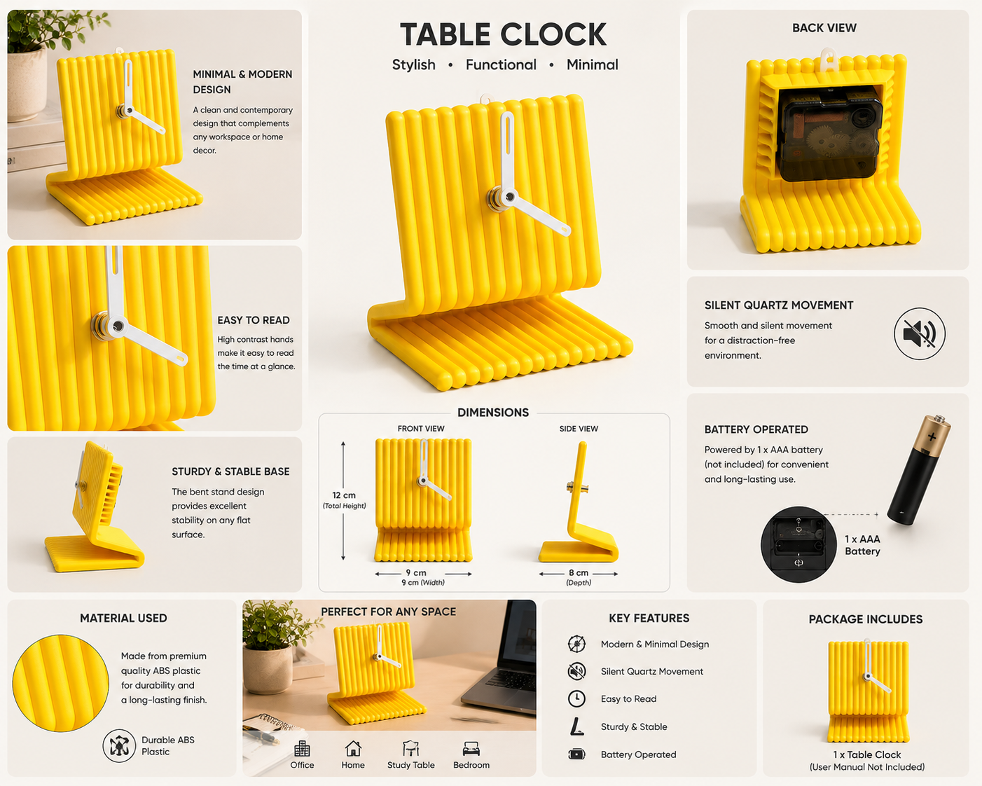 Coral Tree Modern Table Clock | Ribbed Design Desk Clock | Yellow Decorative Clock