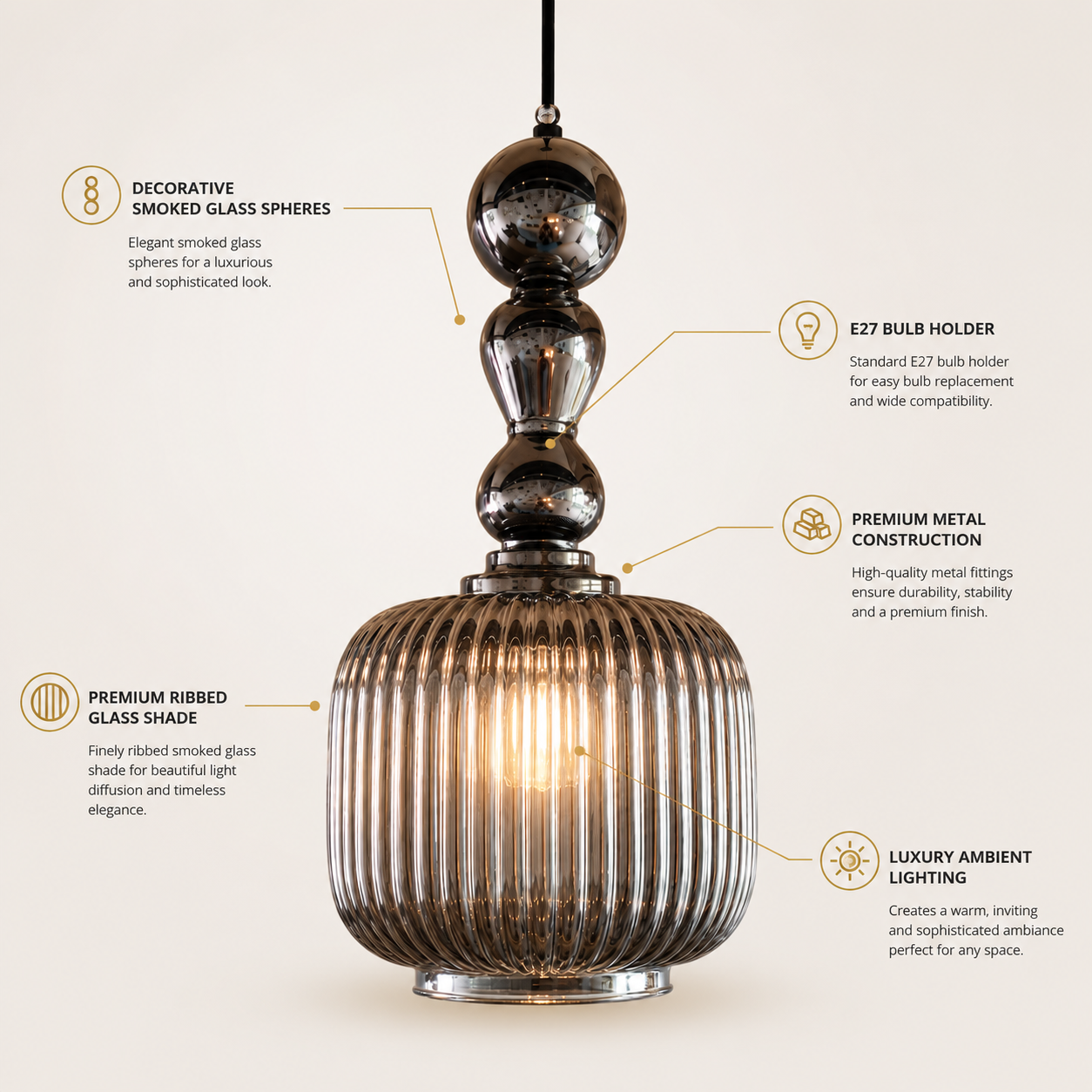 Luxury Smoke Grey Ribbed Glass Pendant Light with Decorative Glass Spheres | E27 Hanging Ceiling Lamp