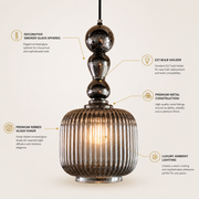 Luxury Smoke Grey Ribbed Glass Pendant Light with Decorative Glass Spheres | E27 Hanging Ceiling Lamp
