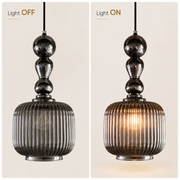 Luxury Smoke Grey Ribbed Glass Pendant Light with Decorative Glass Spheres | E27 Hanging Ceiling Lamp