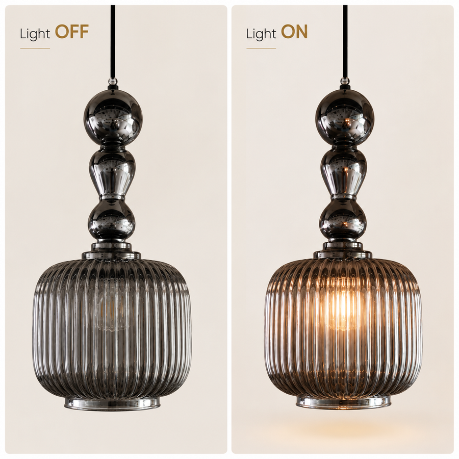 Luxury Smoke Grey Ribbed Glass Pendant Light with Decorative Glass Spheres | E27 Hanging Ceiling Lamp
