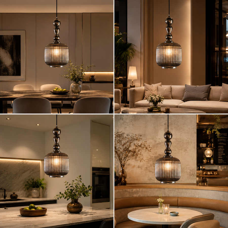 Luxury Smoke Grey Ribbed Glass Pendant Light with Decorative Glass Spheres | E27 Hanging Ceiling Lamp
