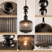 Luxury Smoke Grey Ribbed Glass Pendant Light with Decorative Glass Spheres | E27 Hanging Ceiling Lamp