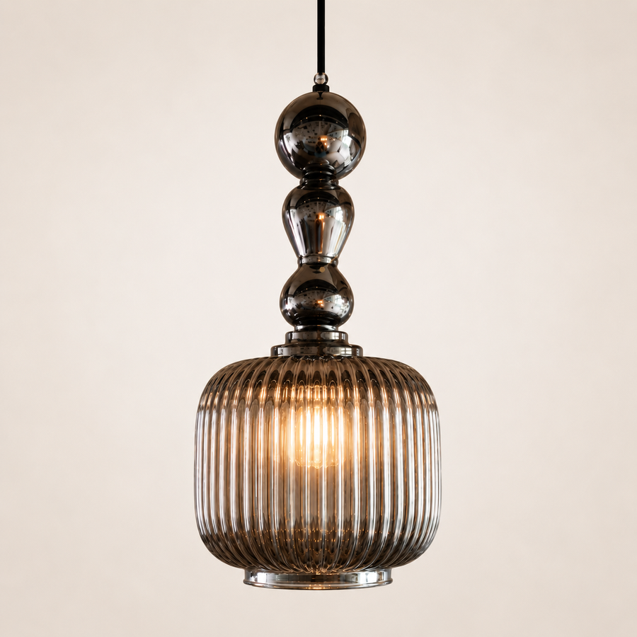 Luxury Smoke Grey Ribbed Glass Pendant Light with Decorative Glass Spheres | E27 Hanging Ceiling Lamp