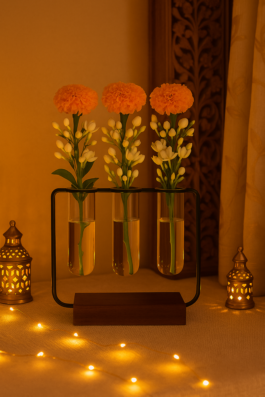 Wooden Plant Pot, 3 Glass Tubes Plant
