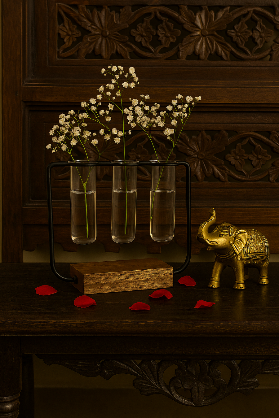 Wooden Plant Pot, 3 Glass Tubes Plant
