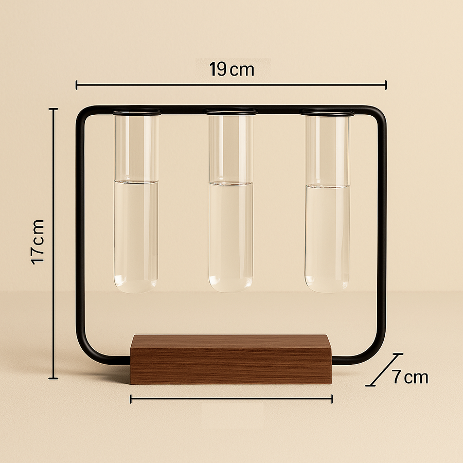 Wooden Plant Pot, 3 Glass Tubes Plant