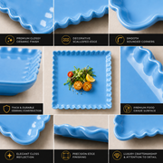 Coral Tree Scalloped Ceramic Square Plate | Decorative Serving Plate | 3 Size Options Blue