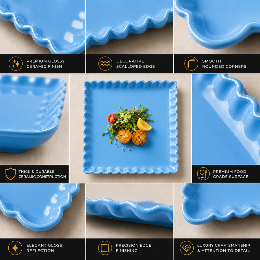 Coral Tree Scalloped Ceramic Square Plate | Decorative Serving Plate | 3 Size Options Blue