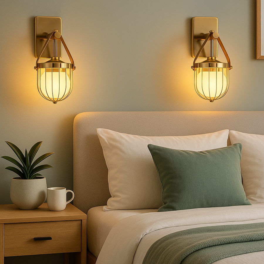 Gold-Toned Antique Finished Armed Cage Wall light