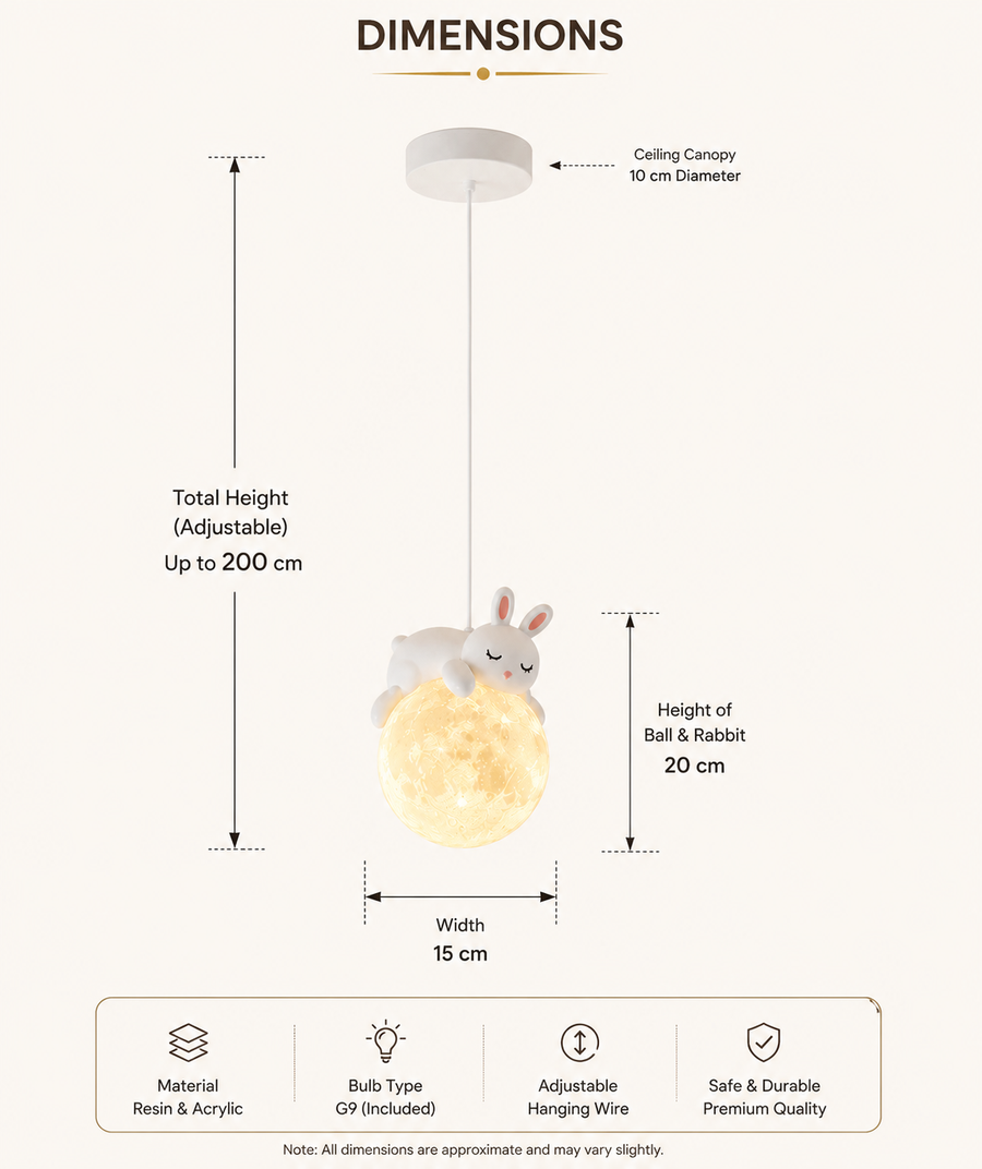 Coral Tree Rabbit Moon Pendant Light for Kids Room | Cute Bunny Hanging Ceiling Lamp | Resin & Acrylic Moon Light | G9 Bulb Included | Adjustable Hanging Wire | Nursery & Bedroom Decor