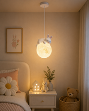 Coral Tree Rabbit Moon Pendant Light for Kids Room | Cute Bunny Hanging Ceiling Lamp | Resin & Acrylic Moon Light | G9 Bulb Included | Adjustable Hanging Wire | Nursery & Bedroom Decor