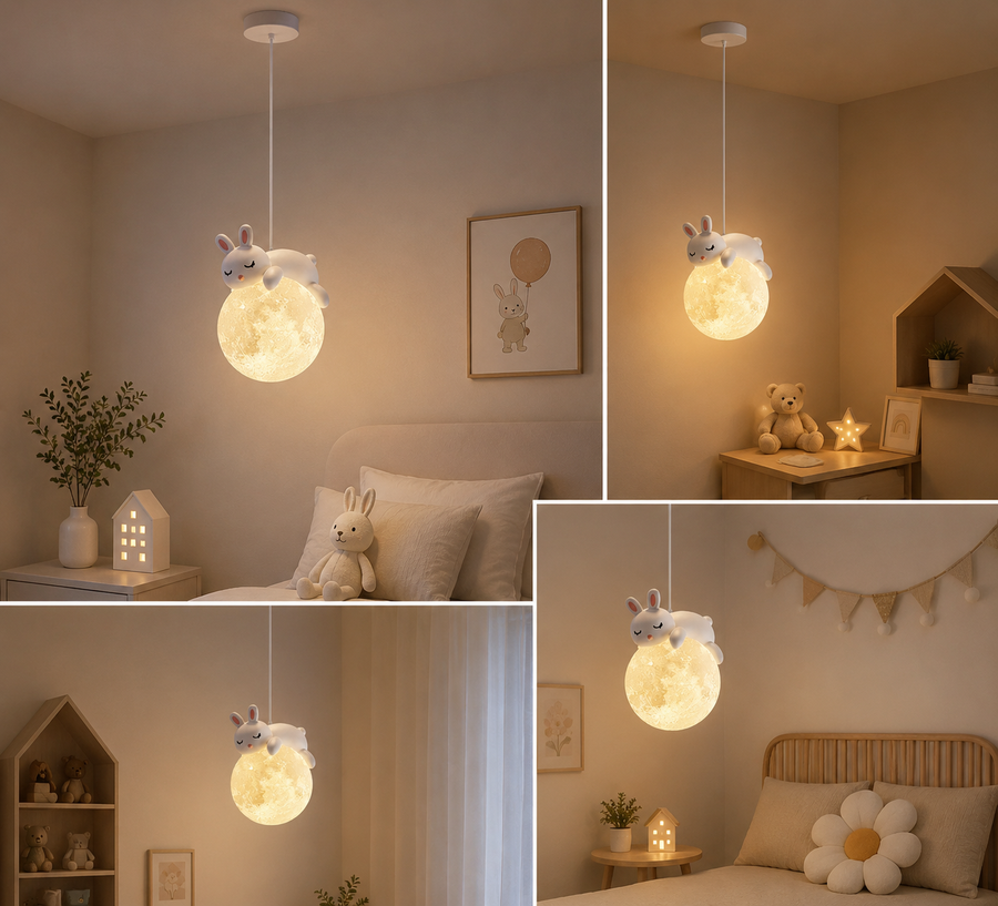 Coral Tree Rabbit Moon Pendant Light for Kids Room | Cute Bunny Hanging Ceiling Lamp | Resin & Acrylic Moon Light | G9 Bulb Included | Adjustable Hanging Wire | Nursery & Bedroom Decor