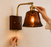 Vintage Amber Glass Wall Light with Pull Chain & Knob Switch | Antique Brass Finish | Wooden Base | E-27 Holder Bedside & Living Room Wall Lamp
