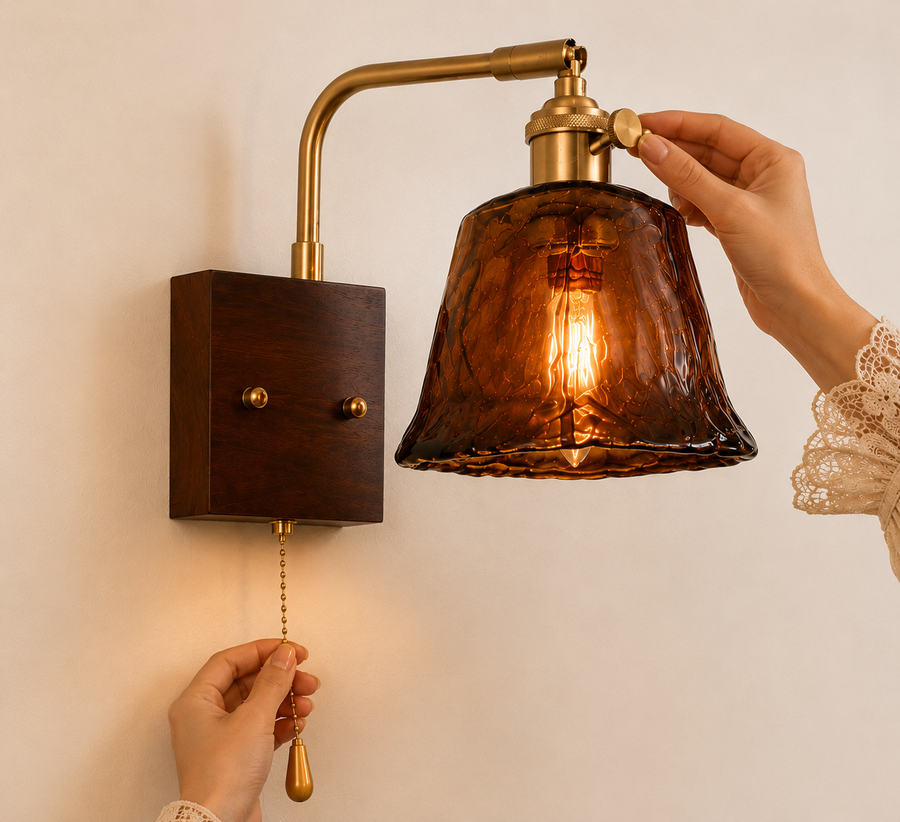 Vintage Amber Glass Wall Light with Pull Chain & Knob Switch | Antique Brass Finish | Wooden Base | E-27 Holder Bedside & Living Room Wall Lamp