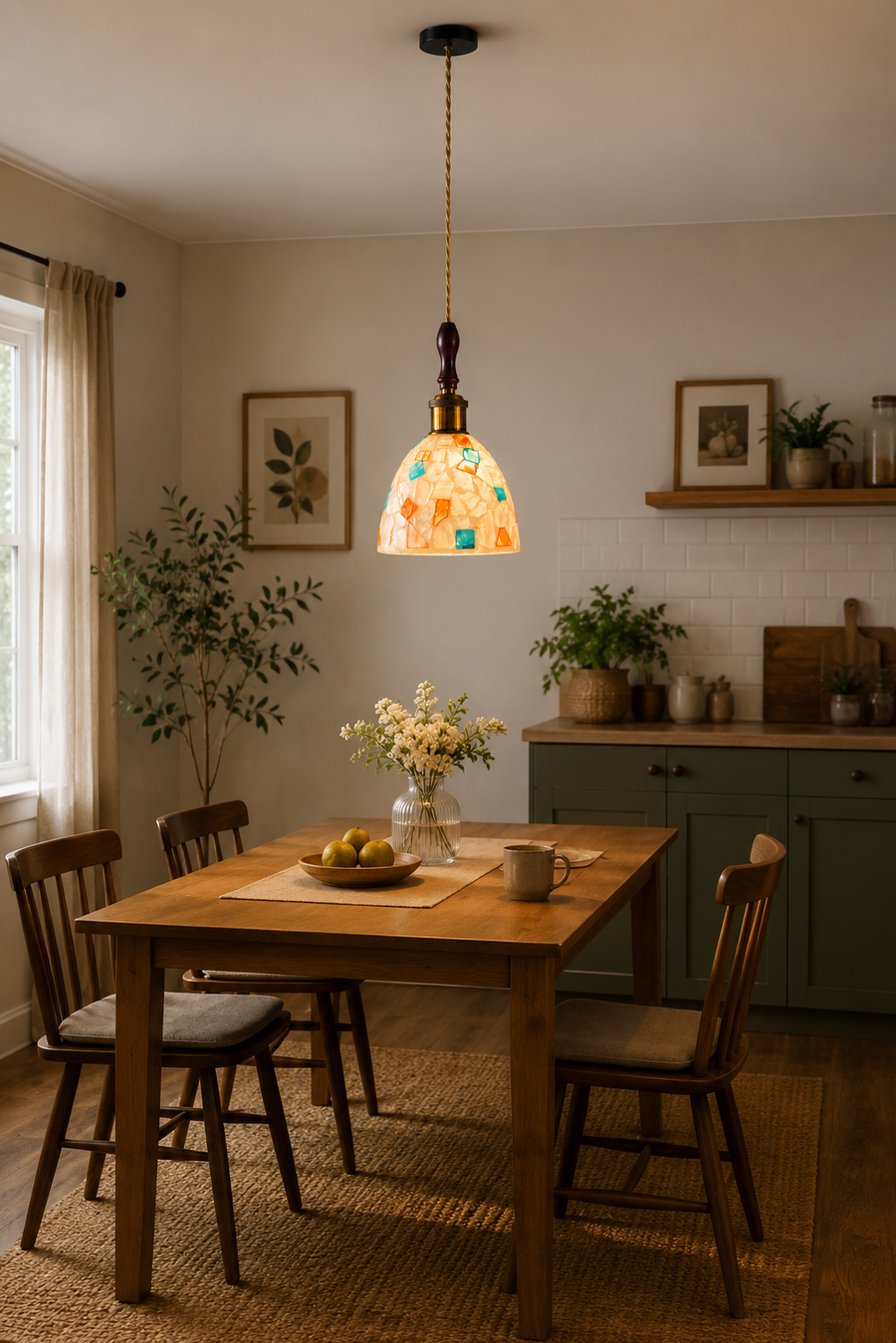 Coral Tree Handcrafted Mother of Pearl Pendant Light for Dining Room, Kitchen & Café | Premium Wooden Top with Antique Brass Finish | E-27 Holder | Adjustable Hanging Light | 16 CM