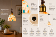 Coral Tree Handcrafted Mother of Pearl Pendant Light for Dining Room, Kitchen & Café | Premium Wooden Top with Antique Brass Finish | E-27 Holder | Adjustable Hanging Light | 16 CM