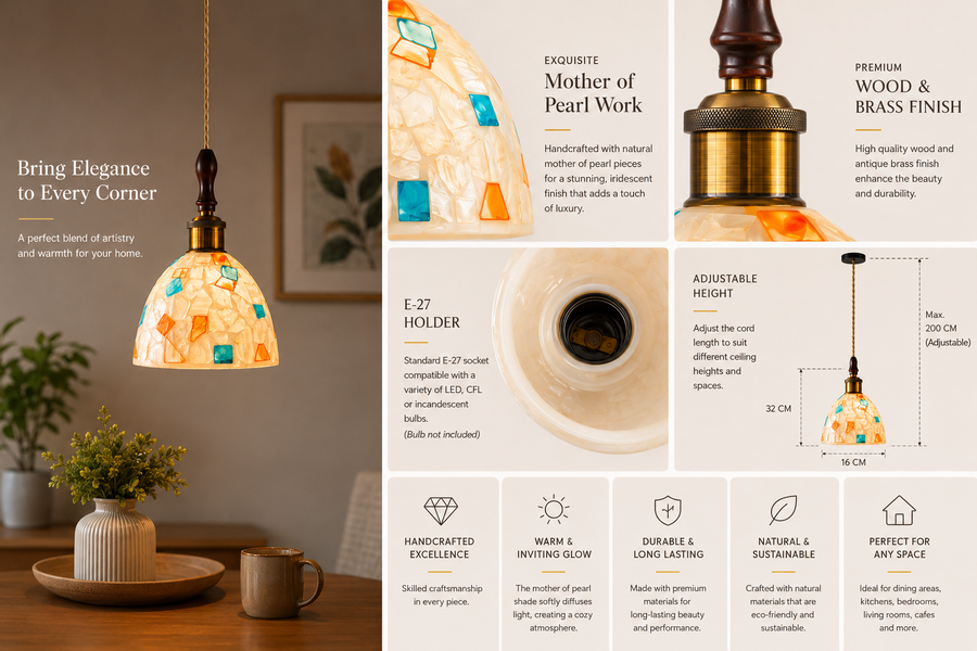 Coral Tree Handcrafted Mother of Pearl Pendant Light for Dining Room, Kitchen & Café | Premium Wooden Top with Antique Brass Finish | E-27 Holder | Adjustable Hanging Light | 16 CM