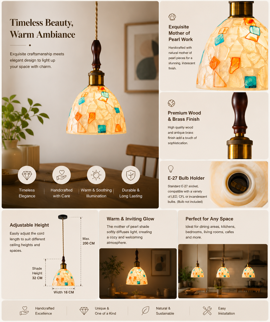 Coral Tree Handcrafted Mother of Pearl Pendant Light for Dining Room, Kitchen & Café | Premium Wooden Top with Antique Brass Finish | E-27 Holder | Adjustable Hanging Light | 16 CM