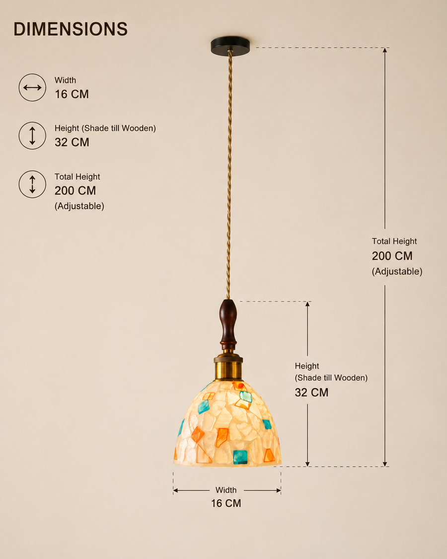 Coral Tree Handcrafted Mother of Pearl Pendant Light for Dining Room, Kitchen & Café | Premium Wooden Top with Antique Brass Finish | E-27 Holder | Adjustable Hanging Light | 16 CM