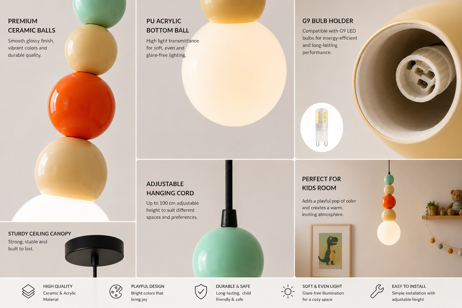 Modern Colorful Glass Pendant Light | Stacked Globe Hanging Lamp | Adjustable Height Ceiling Light