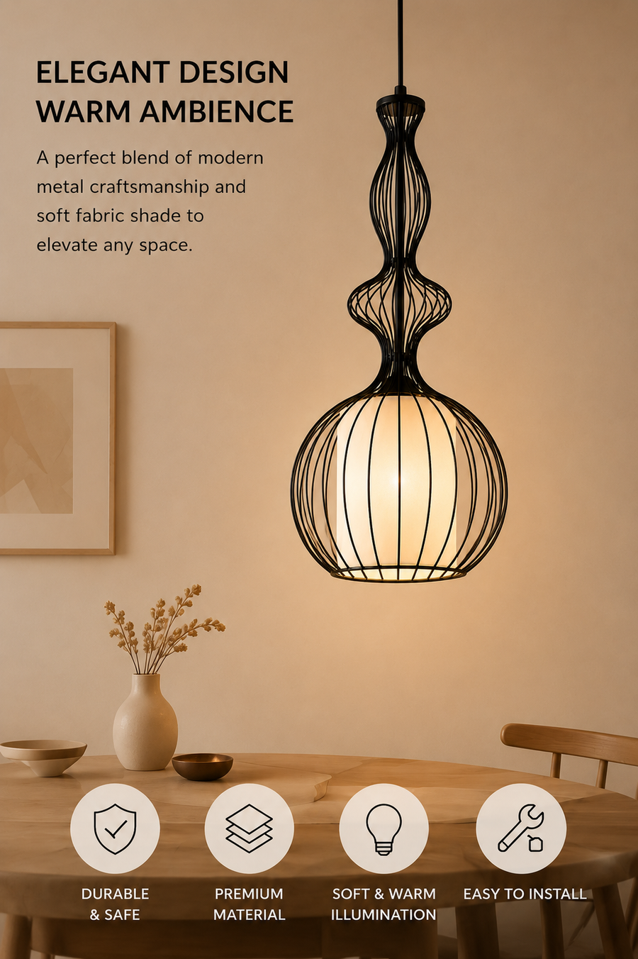 Designer Cage Pendant Light | Metal Frame Hanging Lamp | Adjustable Height Ceiling Light