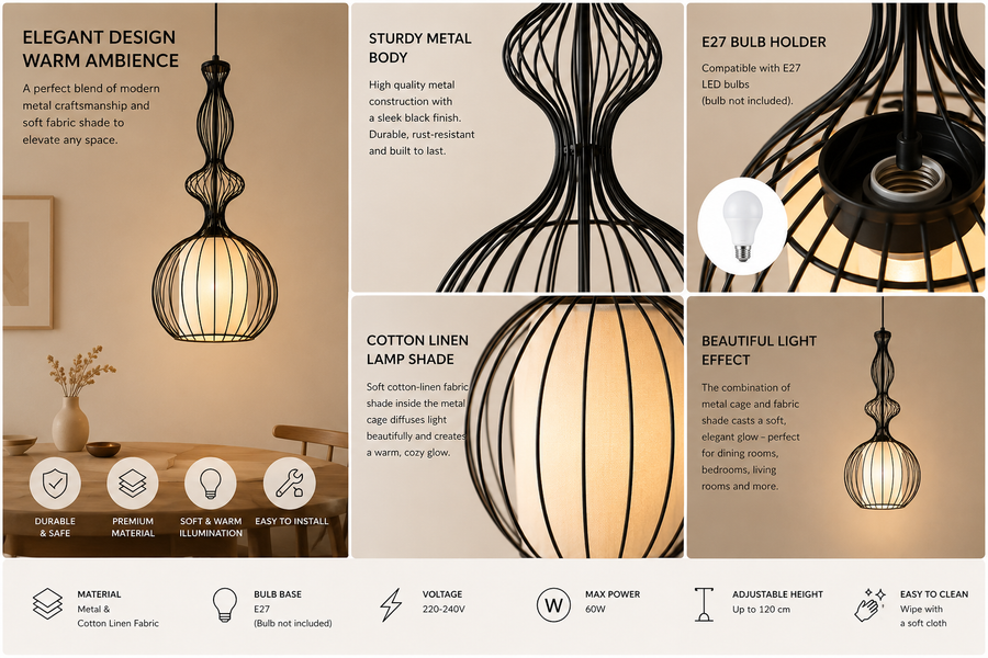 Designer Cage Pendant Light | Metal Frame Hanging Lamp | Adjustable Height Ceiling Light