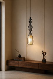 Metal modern black cage Pendant Light with Frosted Diffuser | Sculptural Hanging Lamp