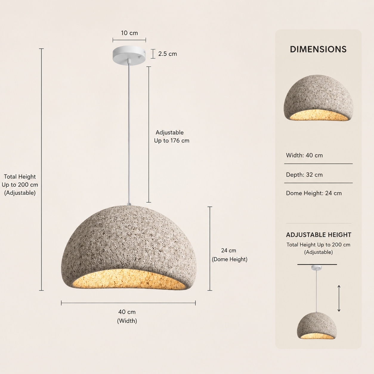 Modern Textured Dome Pendant Light for Dining Room, Kitchen Island & Living Space | E-27 Holder | Adjustable Hanging Light | Stone Finish Ceiling Lamp