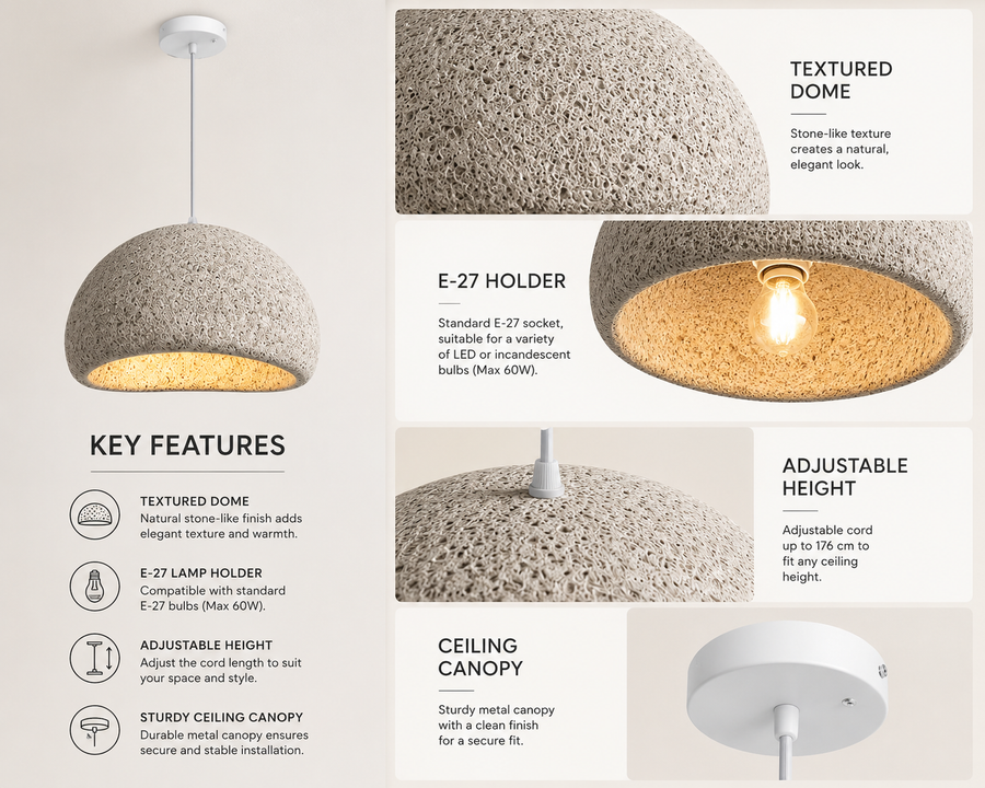 Modern Textured Dome Pendant Light for Dining Room, Kitchen Island & Living Space | E-27 Holder | Adjustable Hanging Light | Stone Finish Ceiling Lamp